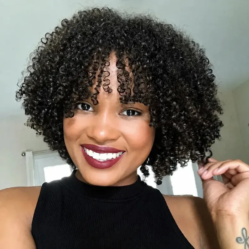 Hairsofly Shop (Aphrodite) Short Curly Bob Human Hair Wig with Bangs showing glueless curly style