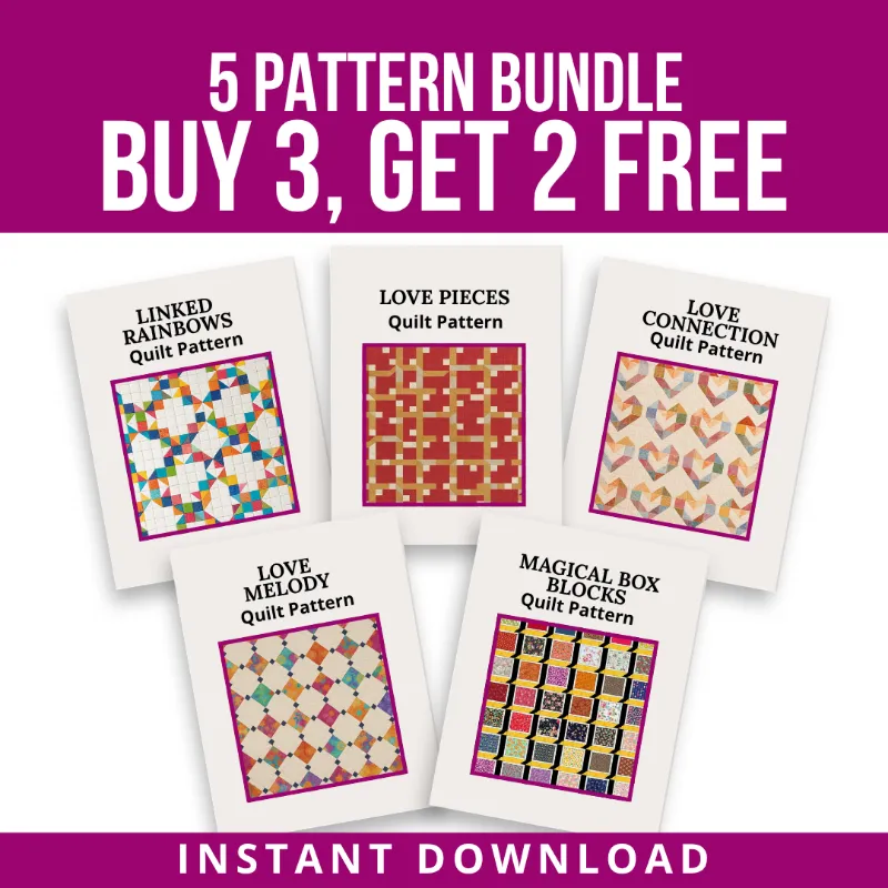 Boho Blanket Love's Melody bundle, five quilt patterns featuring rainbows, hearts, and geometric blocks