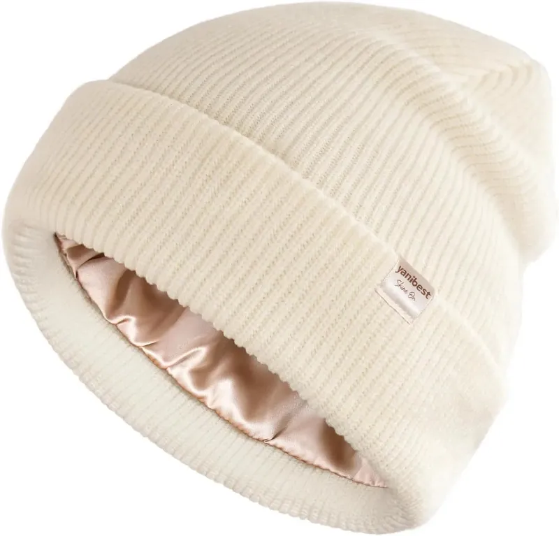 Yanibest Butter Satin Lined Knit Skull Beanie in cream beige worn slouchy style