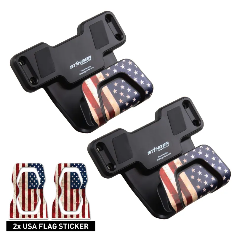 The Stinger Tools Stinger Magnetic Gun Mount M1 with Safety Trigger Guard Protection USA Flag 2-Pack showing two black mounts