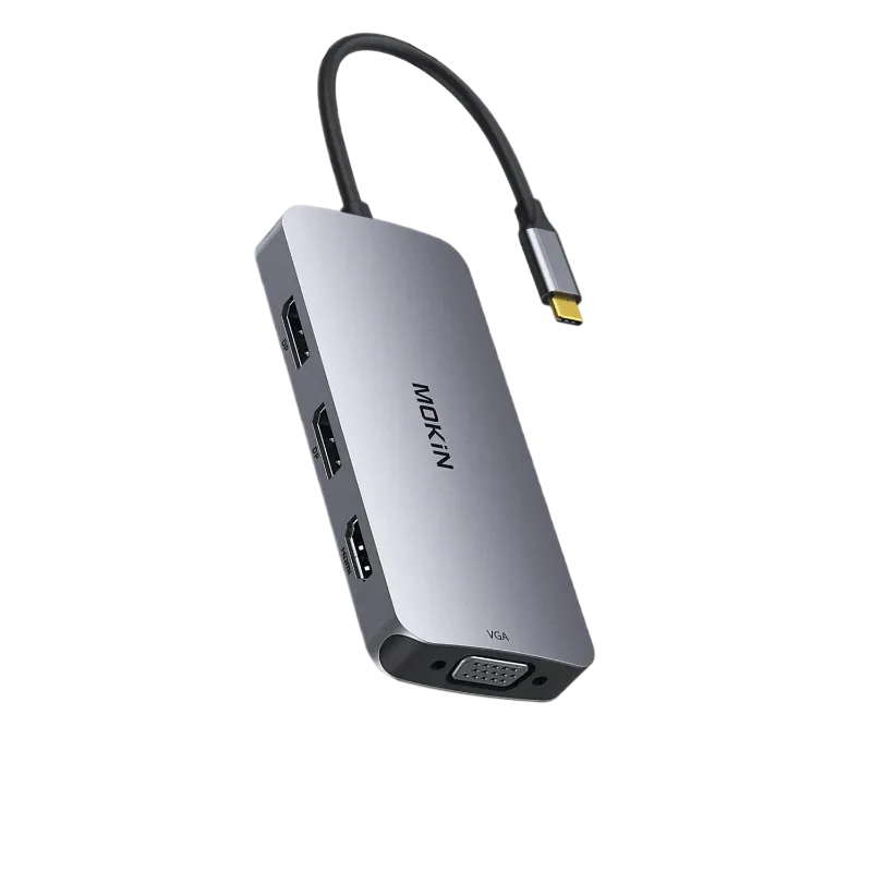 MOKiN 8 IN 1 USB-C Docking Station with quadruple monitor outputs including dual DisplayPort, HDMI, and VGA