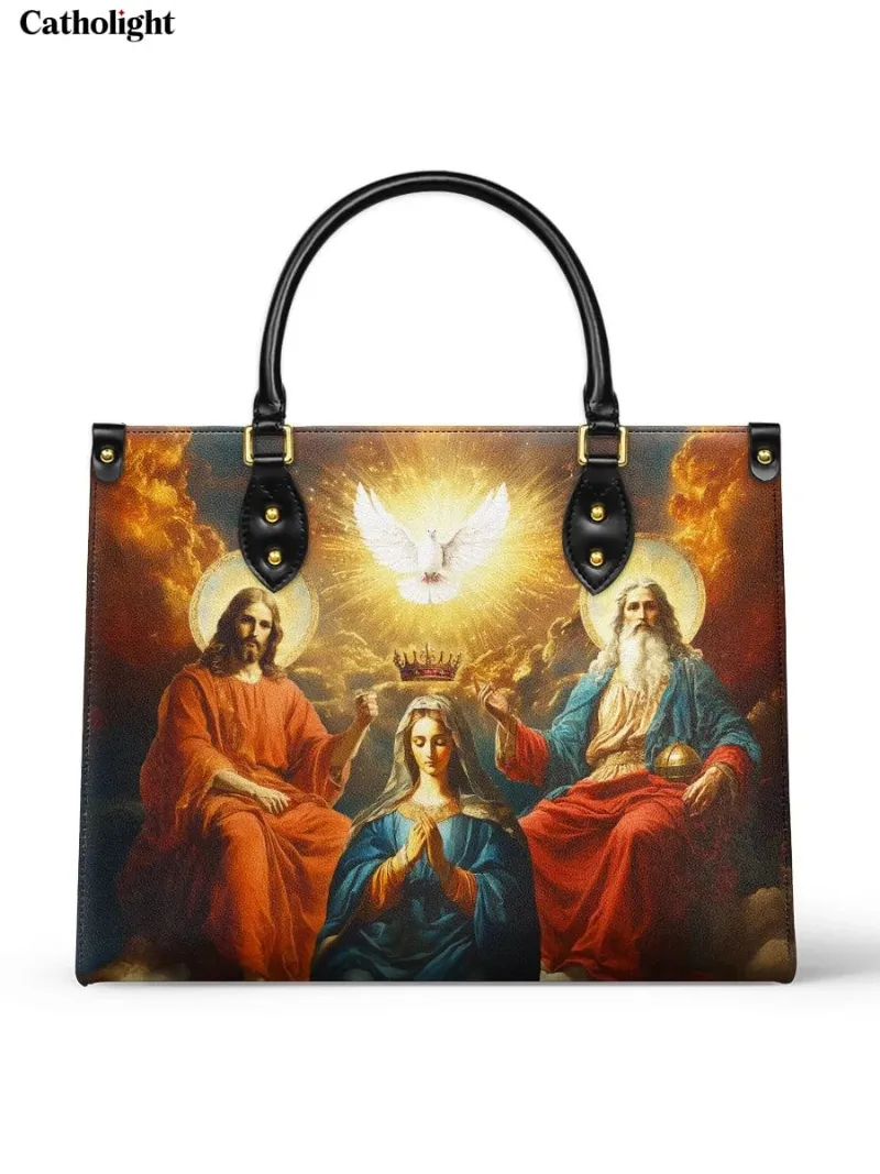 Catholight Coronation Of Mary Leather Bag showing Mary crowned by the Trinity with golden clouds