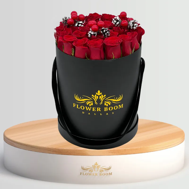 Flower Boom Dallas Christmas Red Roses with Pinecones and Red Berries holiday arrangement