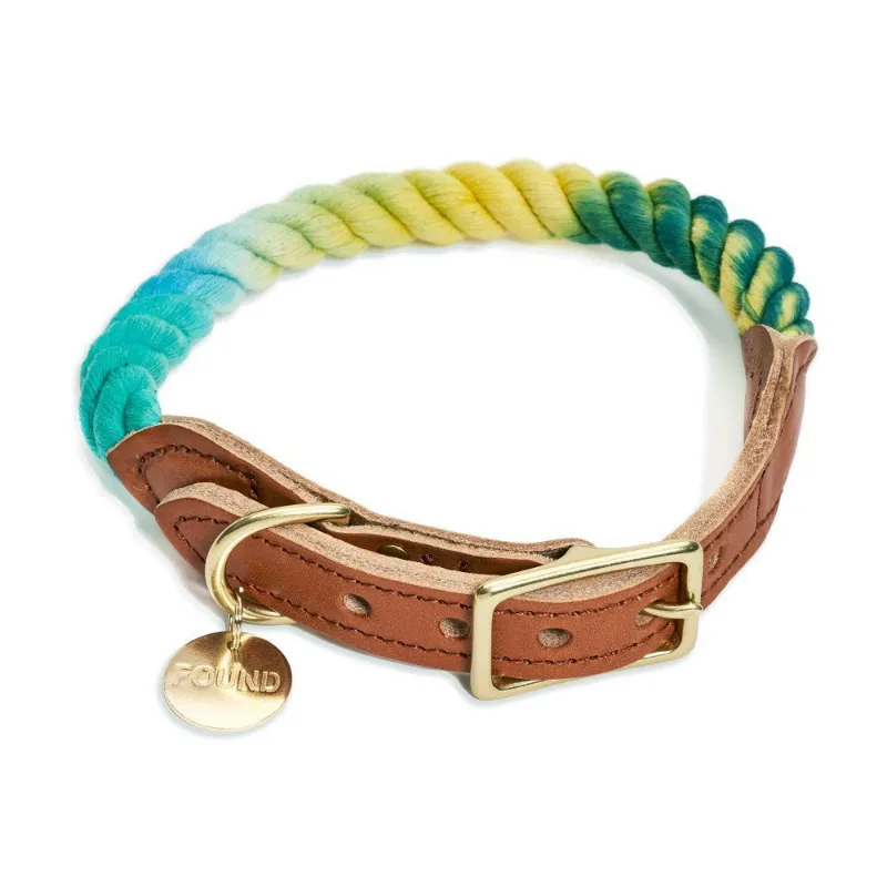 Found My Animal Azure Cotton Rope Cat & Dog Collar with leather accents and metal hardware