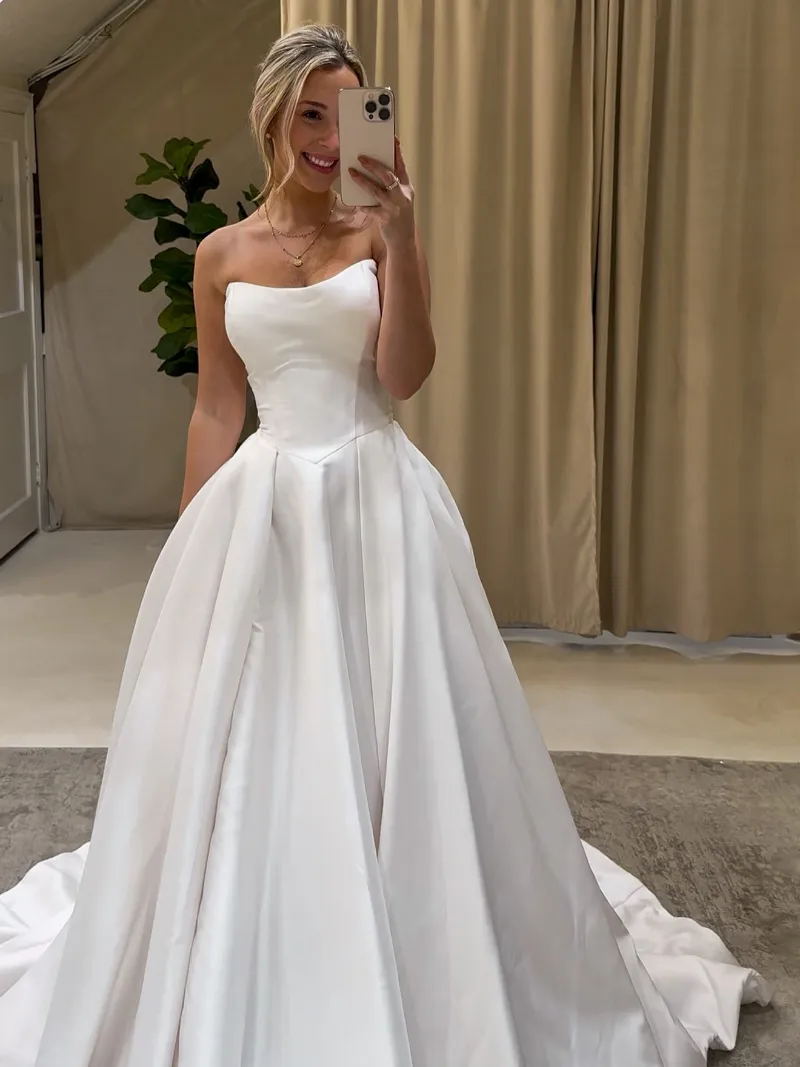 Selinadress A line Strapless Satin Wedding Dresses Rustic Bridal Gowns CBA028 strapless satin gown with sweep train