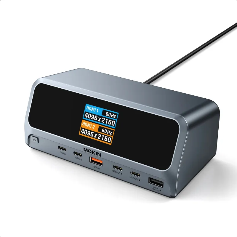 MOKiN 13-in-1 USB-C Docking Station with Smart LCD Display showing multiple ports and screen