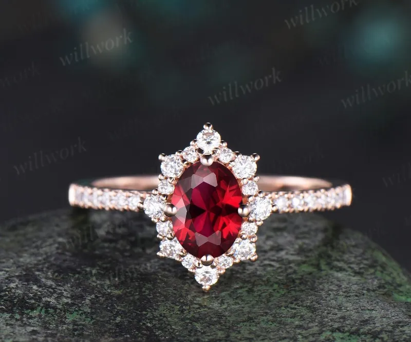 WillWork Jewelry 1ct oval cut red ruby engagement ring snowdrift halo diamond 14k rose gold ring women half eternity, oval ruby with diamond