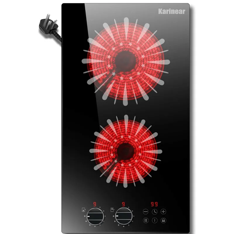 Karinear Appliances 12 Inch 2 Burner Countertop & Built-in Electric Cooktop, black glass with dual controls