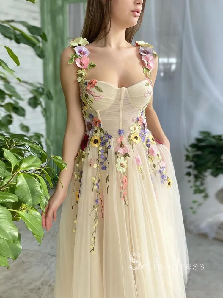 Selinadress A-line Champagne Tea Length Prom Dress With Flower, champagne tulle tea-length gown