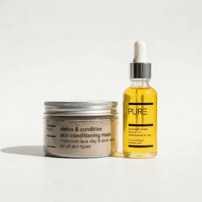 PURE Spa Skincare PURE Face Mask Duo showing clay mask powder and facial oil bottle