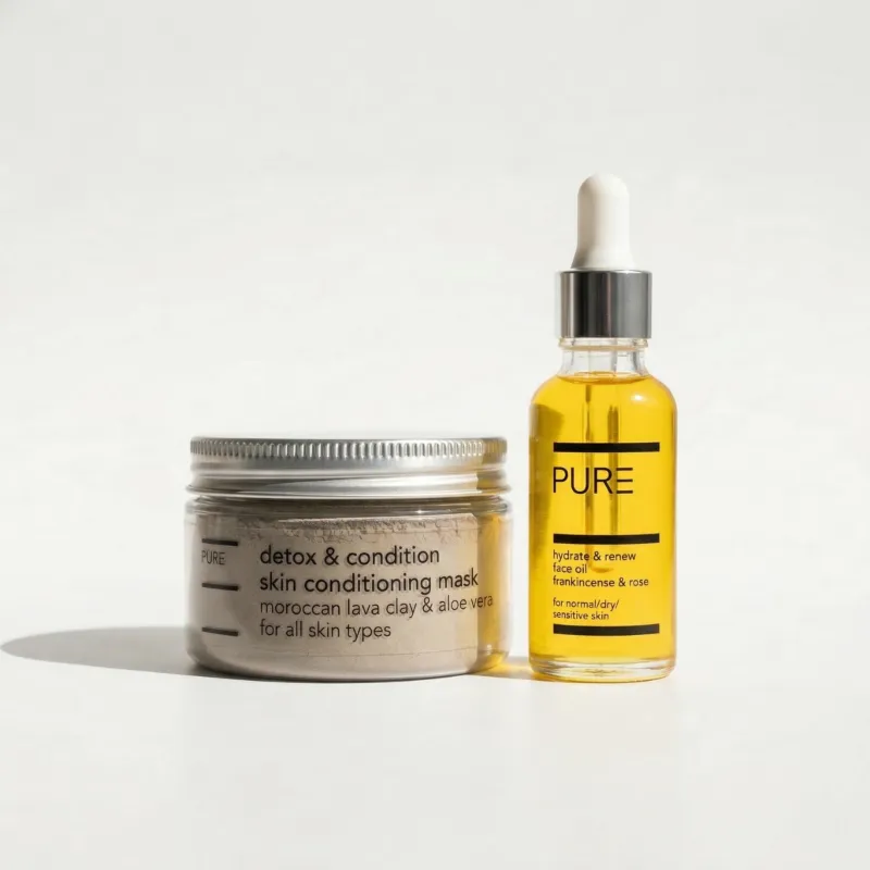 PURE Spa Skincare PURE Face Mask Duo showing clay mask powder and facial oil bottle