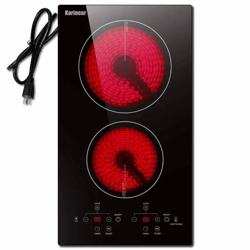 Karinear Appliances 12 Inch 2 Burner Plug in Electric Ceramic Cooktop-Sensor Touch Control, black glass cooktop with touch controls
