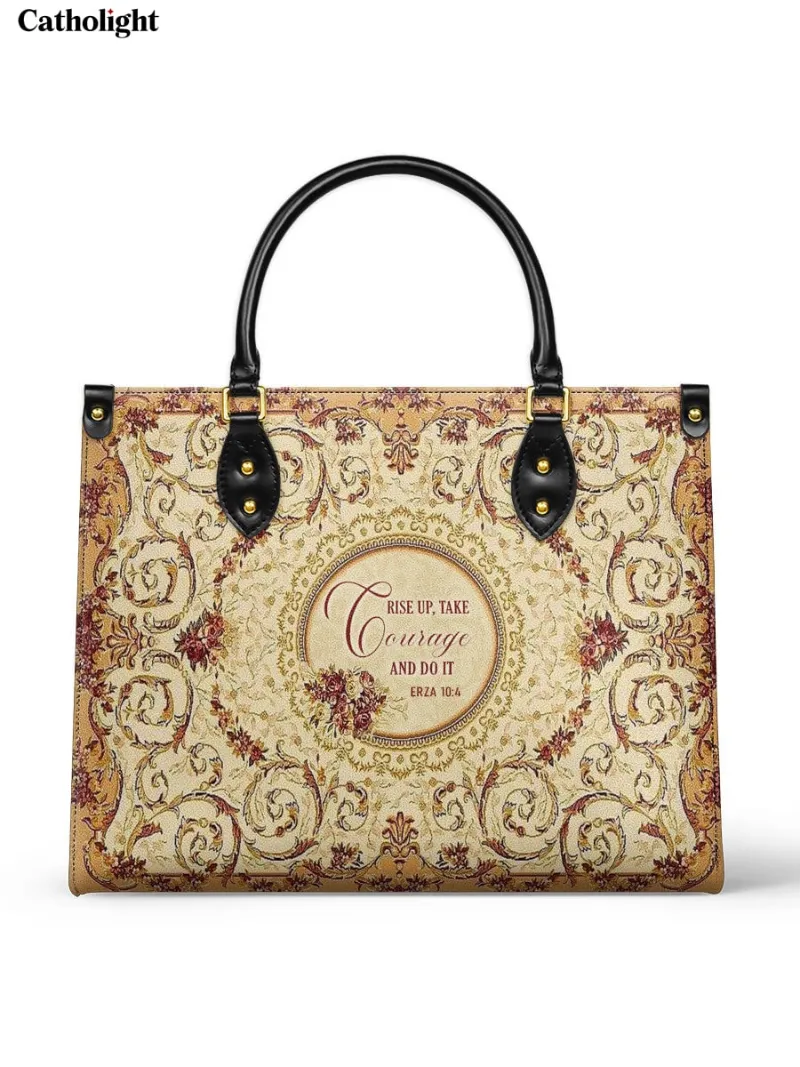 Catholight Strength in Grace Leather Bag showing a verse medallion design on a leather bag