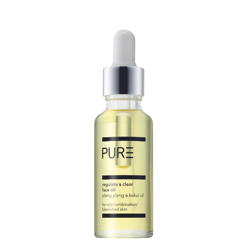 PURE Spa Skincare PURE Regulate & Clear Face Oil 30ml, bottle of golden oil
