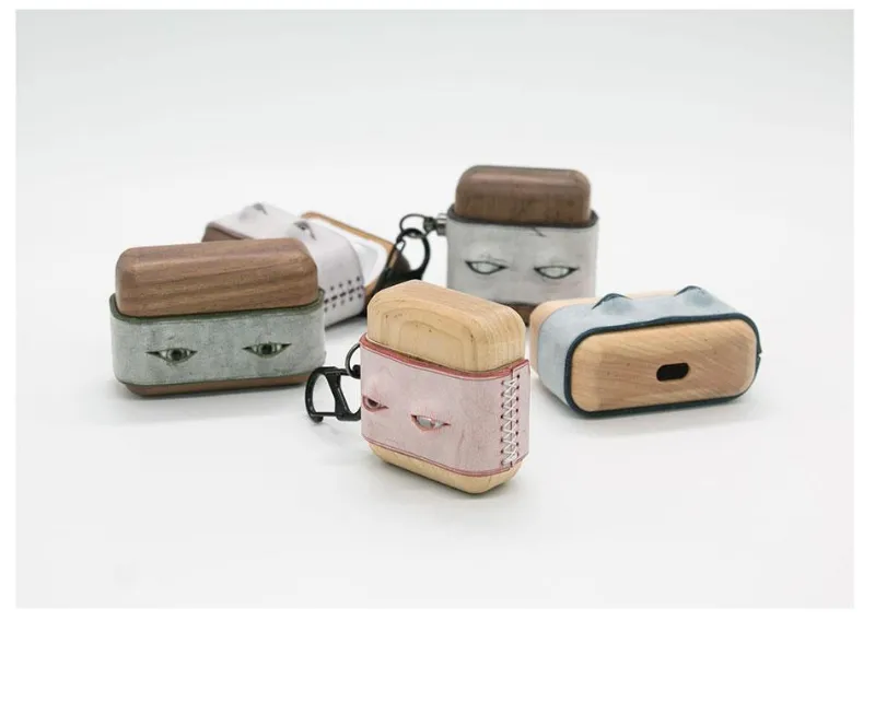 Techypop The Grey Eyes Leather Dark Wooden Protective Case, brown leather and wood AirPods case with eye design