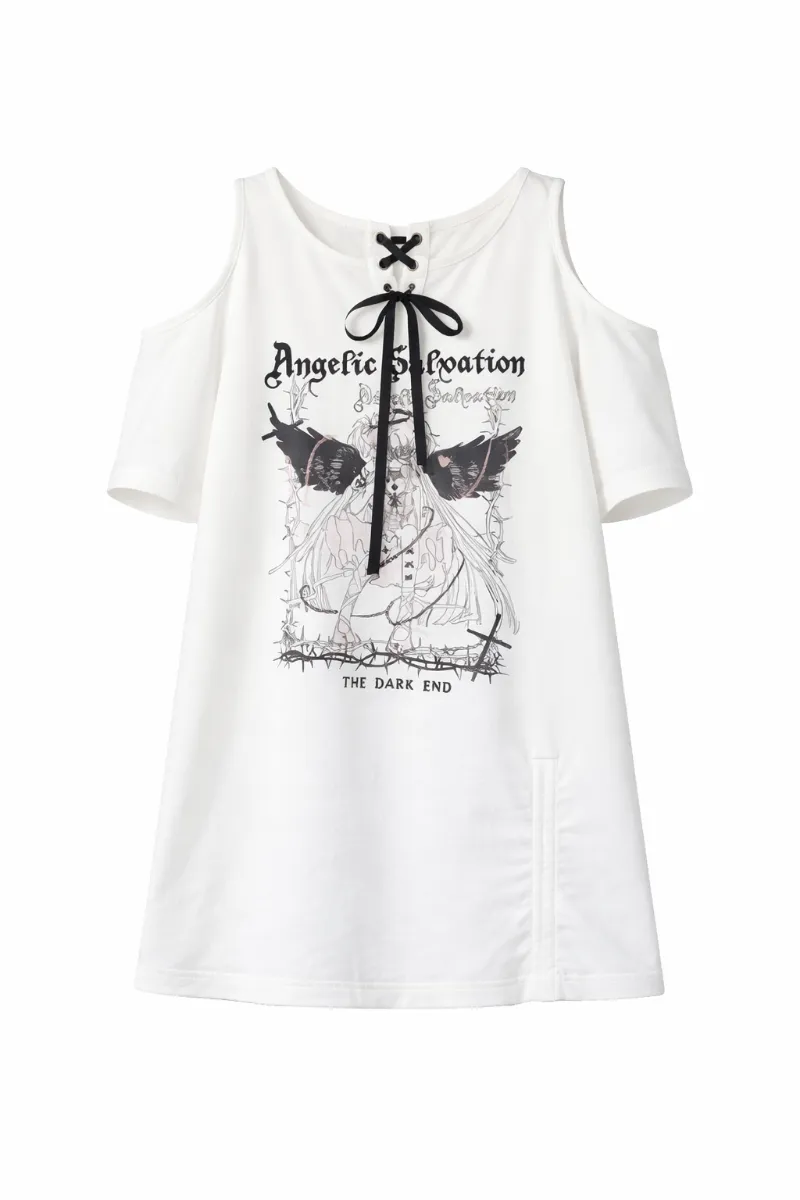 Shoptery Jirai Kei Angelic Salvation Cold-Shoulder Lace-Up Mini Dress Set with cartoon print and bow detail
