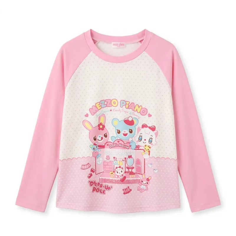 Shoptery Decora Mezzo Piano Kawaii Character Raglan Long Sleeve Tee showing the vintage cartoon chest print