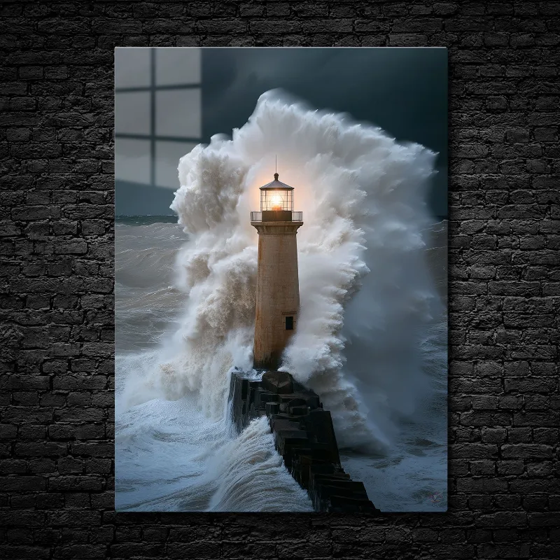 CruArt Beacon of Resilience Metal Print showing solitary lighthouse against crashing waves at night