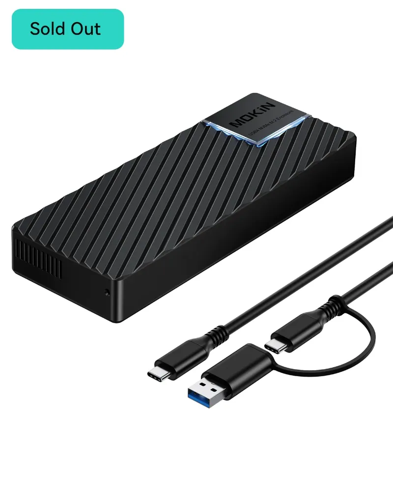 MOKiN 40Gbps M.2 NVMe Enclosure with Cooling Fan For MacBook showing the aluminum case and fan grille