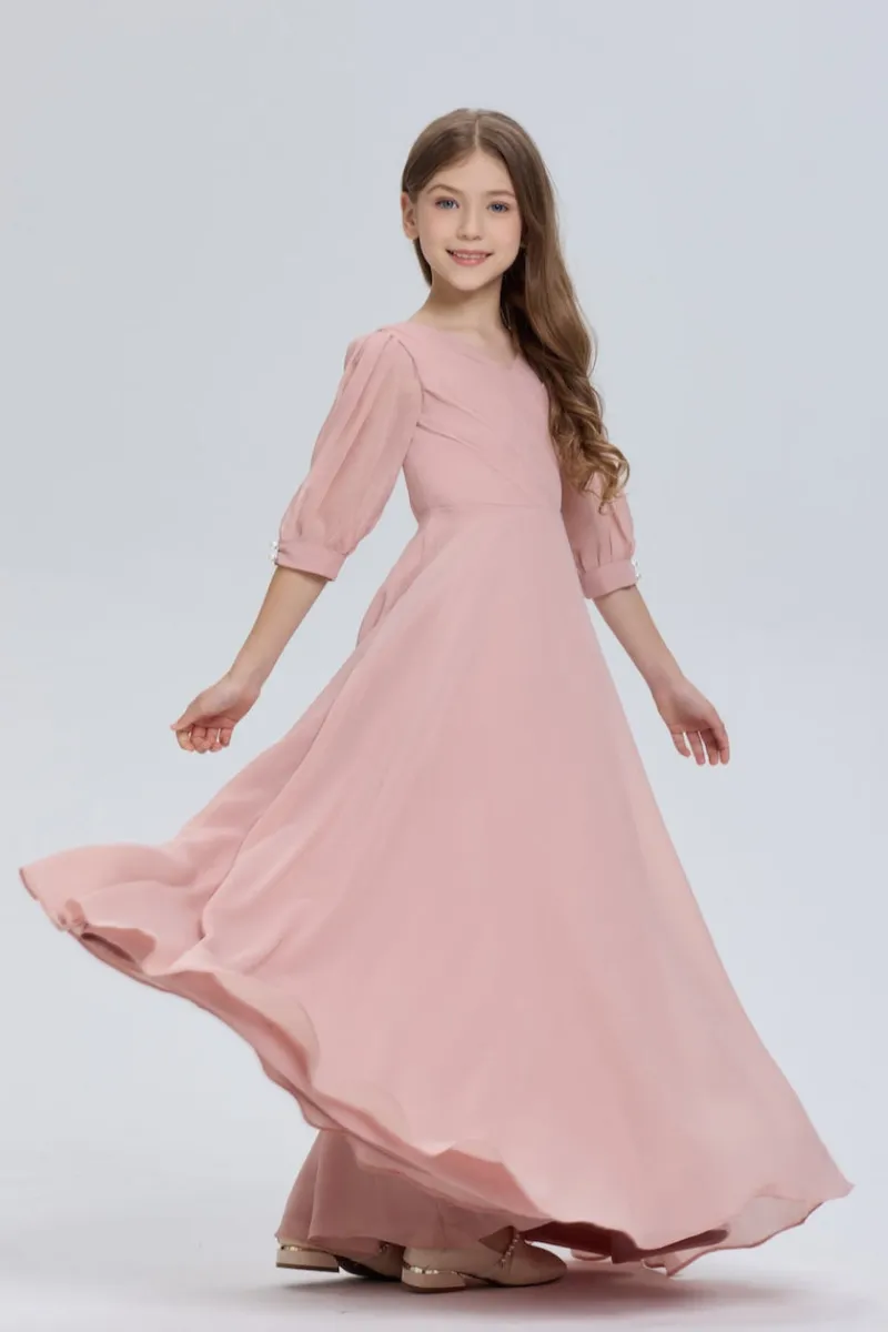 Wehilion Elegant V-Neck Pleated Chiffon Flower Girl Dress with sleeves