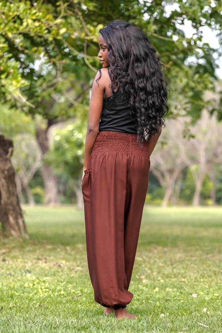 Hippie Pants Brown Crystal Pants, solid brown yoga pants with side pockets and smocked waist