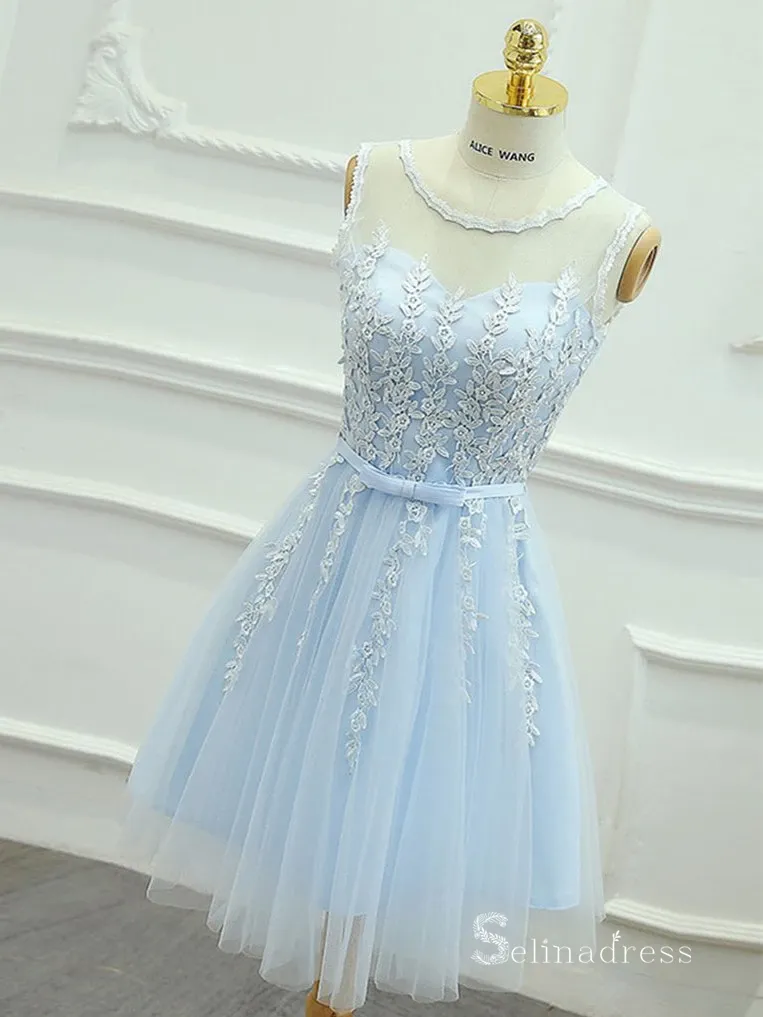 Selinadress A-line Light Sky Blue Cute Homecoming Dress with scoop neck and appliques