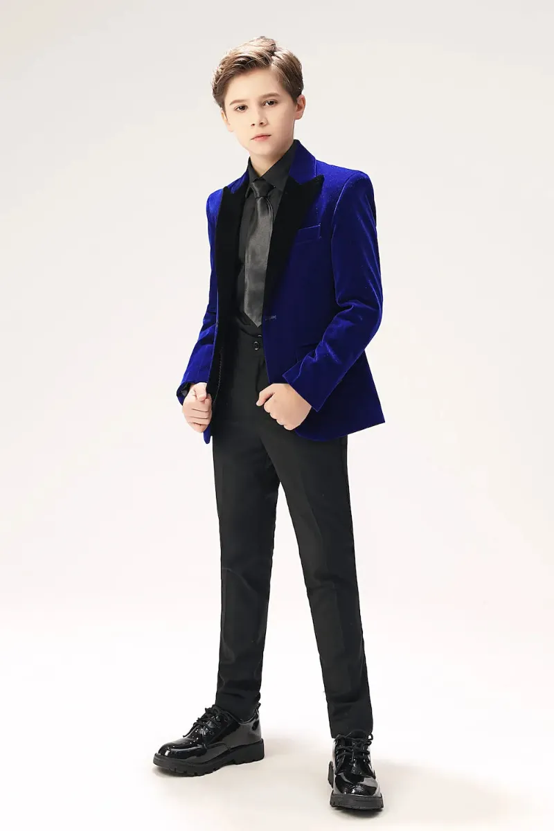 Wehilion Boys Velvet Peak Lapel 2 Piece Suits, boys' velvet peak lapel suit in deep royal blue or red, jacket and pants set