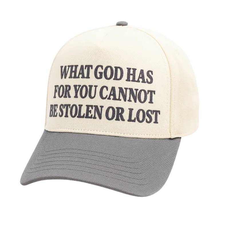 We The Believers What God Has For You 5 Panel Embroidered Hat in cream and gray