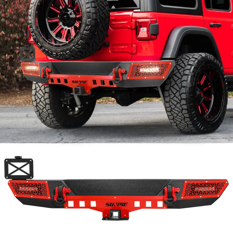 Sunpie rear bumper with license plate bracket, LED lights, and hitch receiver for Jeep Wrangler JL JLU 4XE