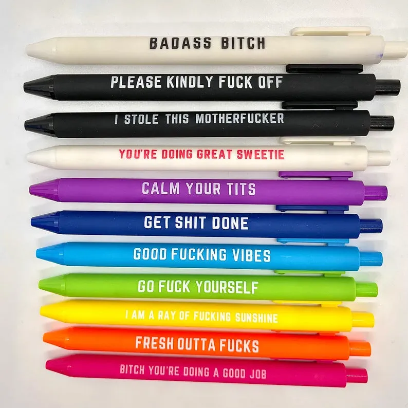 TTAesthetic 11Pcs Funny Text Pens Set showing assorted press ballpoint pens with playful phrases