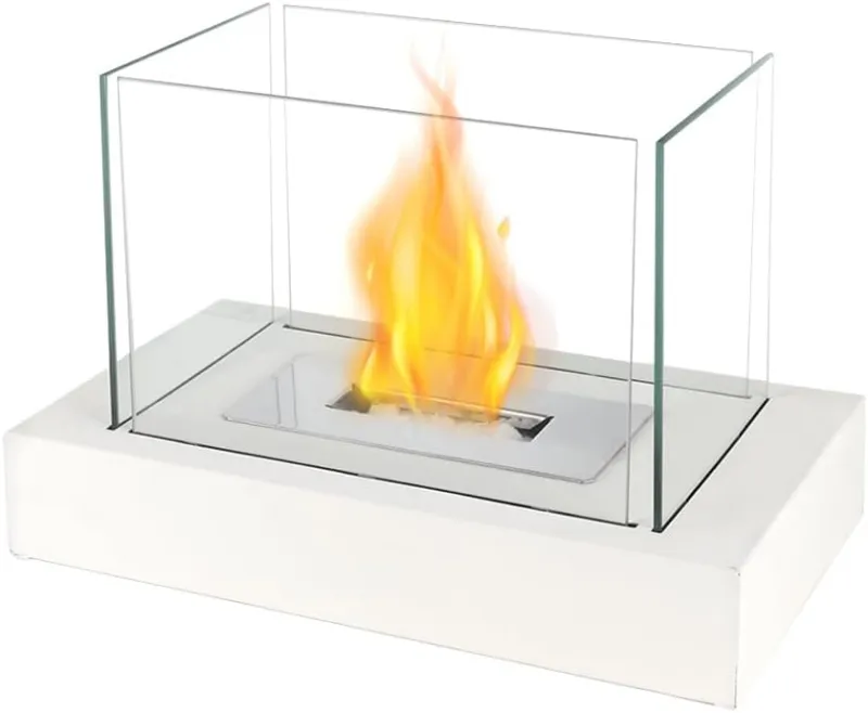 GrillPartsReplacement 13.5 inch white portable ventless fireplace tabletop fire bowl with four sided glass