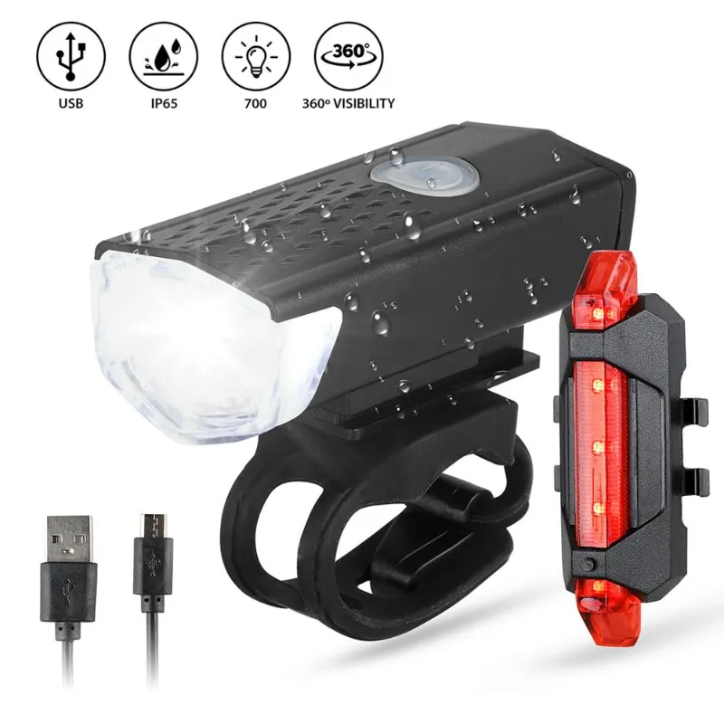 PUPU Sports USB Rechargeable Bike Light Waterproof Super Bright Headlight and Taillight set