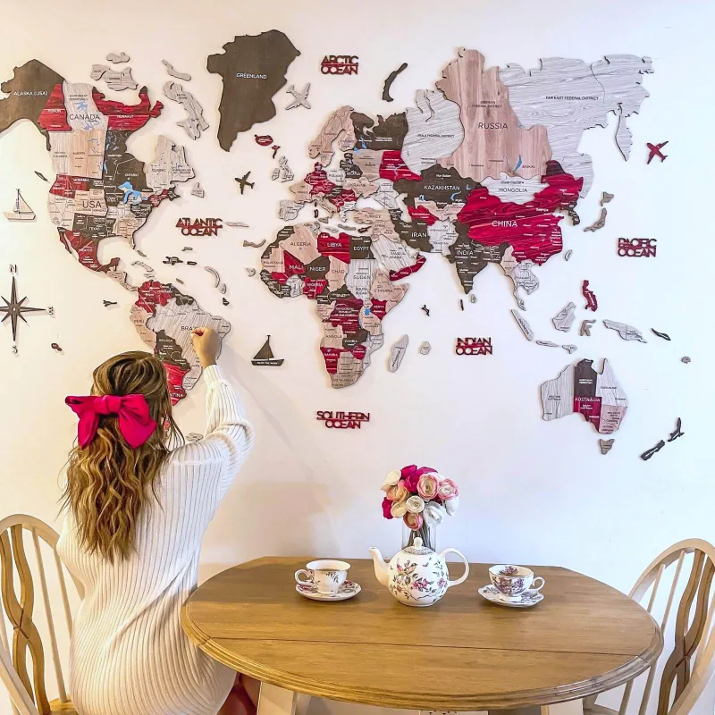 Enjoy The Wood 3D Wooden World Map Urban with multicolor palette and layered continents