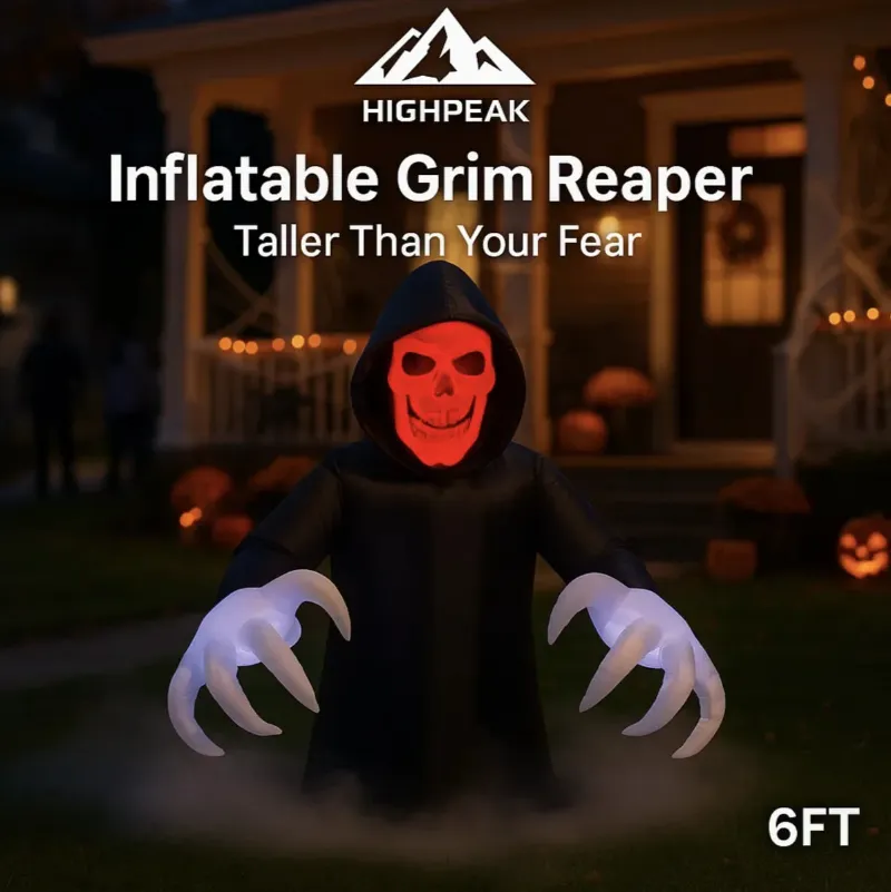 HighPeak 6FT Inflatable Grim Reaper, hooded reaper with glowing red LED face and claw hands