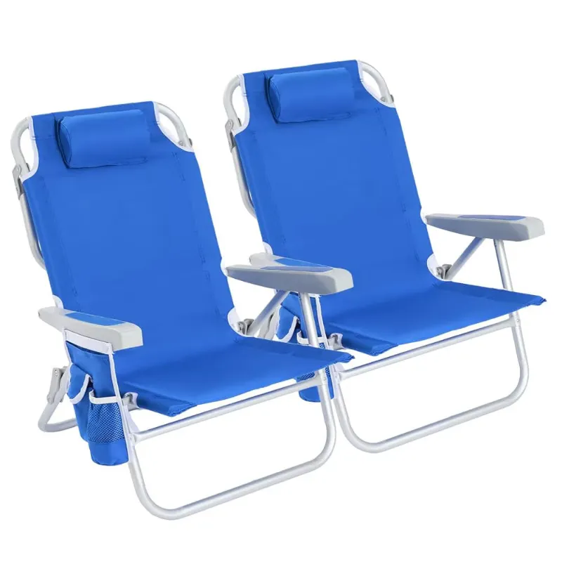 SunnyFeel Outdoor 2pk Low Beach Chair 5 Position Lay Flat in blue with cooler bag