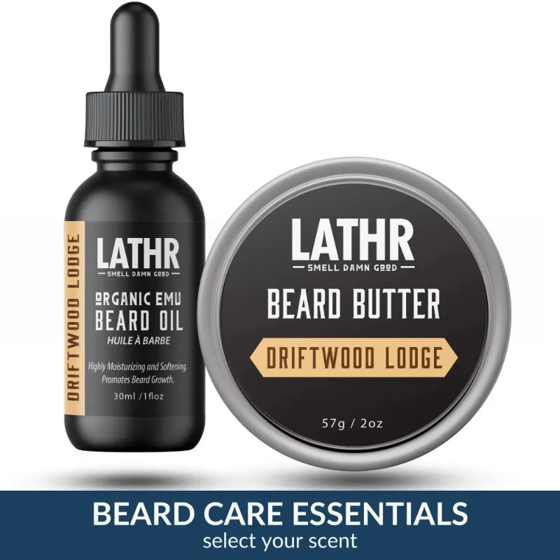 LATHR Beard Care Essentials bundle with emu oil and beard butter