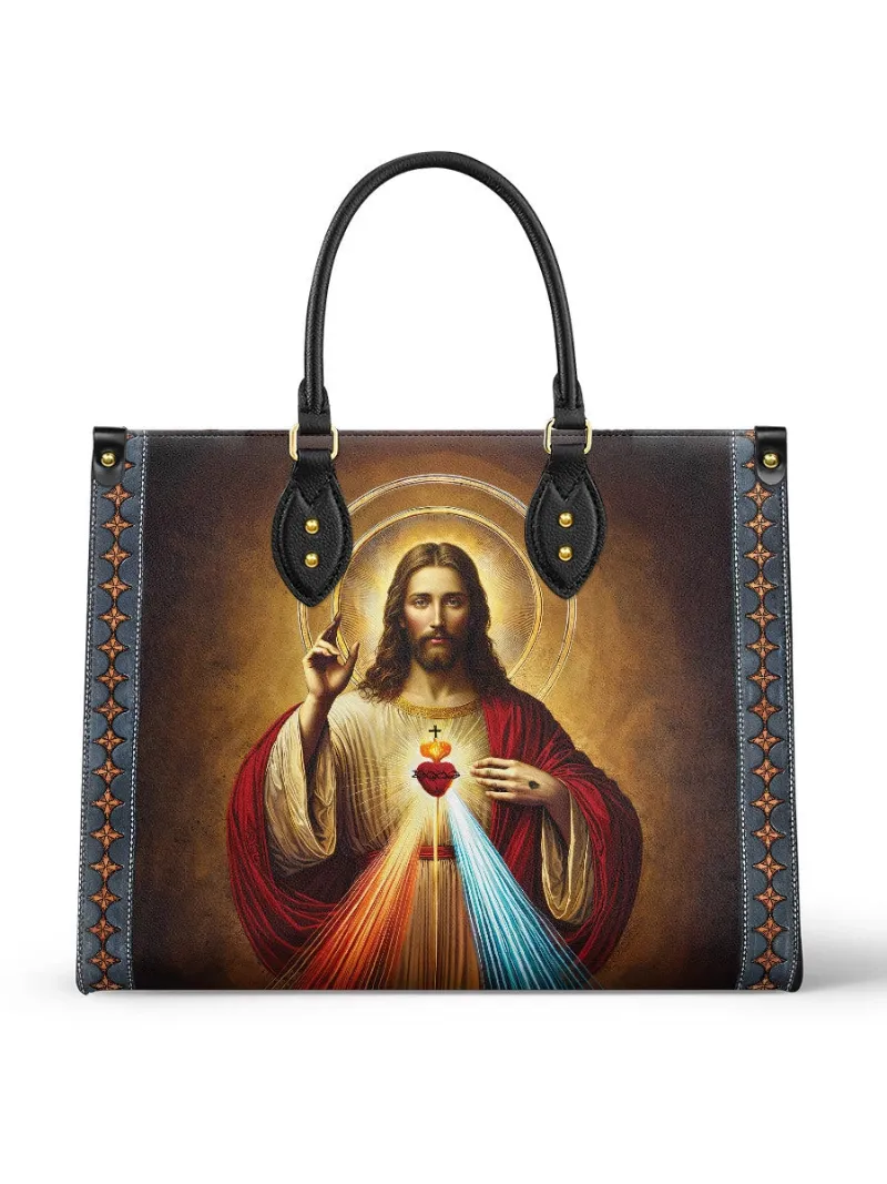 Catholight A Testament of Grace and Compassion Leather Bag with Divine Mercy artwork