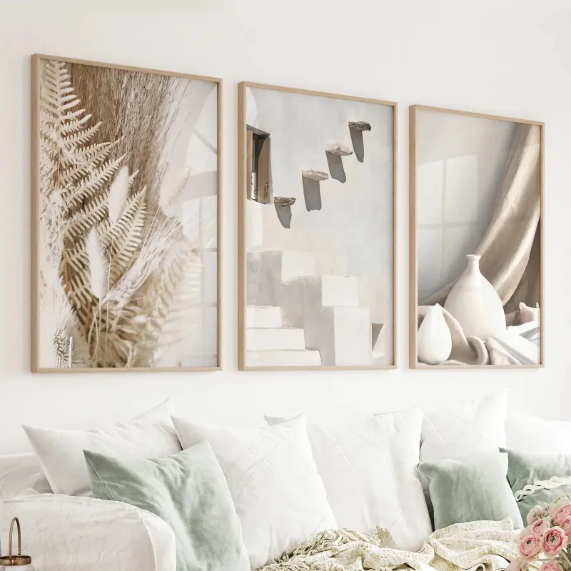Wall Art Set 3 Pieces Neutral Boho Wall Art showing terracotta vase and stairs decor