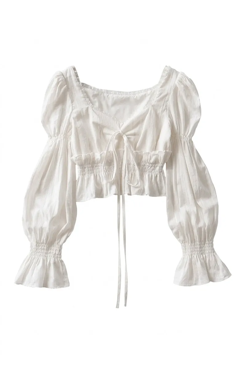 Cottagecore Clothes Cottagecore Blouse with lantern sleeves and ribbon tie front