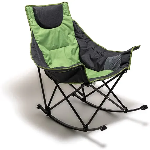 SunnyFeel Outdoor Heavy Duty Oversized Rocking Camping Chair in green, foldable lawn rocker with side pocket
