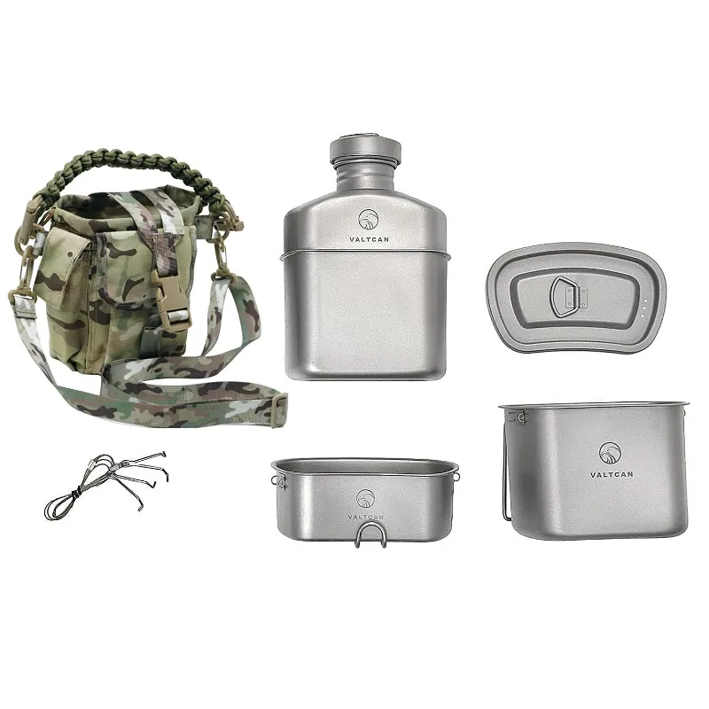 Valtcan Titanium Canteen Mess Kit Set showing nested canteen, pot, and cup in silver metal