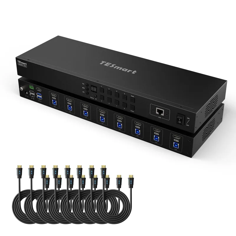 TESmart Upgraded 8 Port HDMI KVM Switch with USB 3.0, 4K60Hz, and RS232/LAN Control front panel view