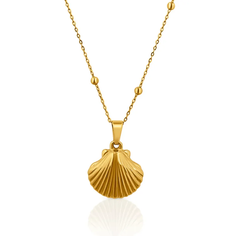 DORSYA Ariel Scallop Shell Gold Necklace with sea shell pendant on beaded gold chain