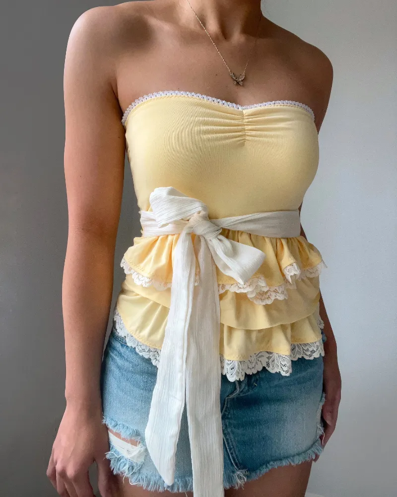 Bit By Angie Butter yellow lace trim ruffle tube top with chiffon belt