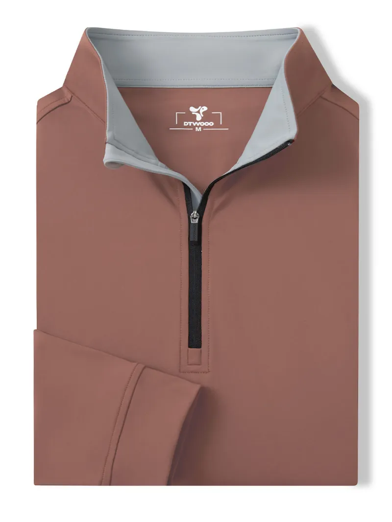 DTWOOO Solid Performance Quarter-Zip in brown with stand-up collar and half zipper