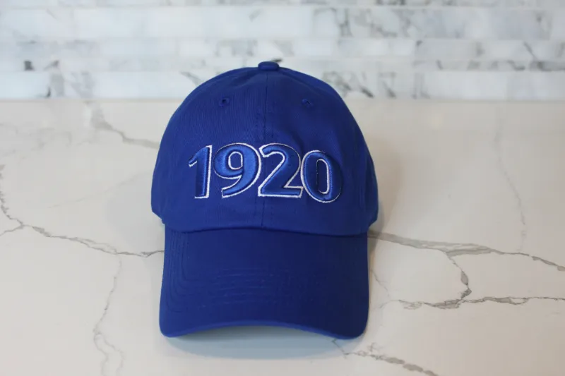 Embellished 1920 Cap in blue cotton with blue and white embroidered detail and curved brim