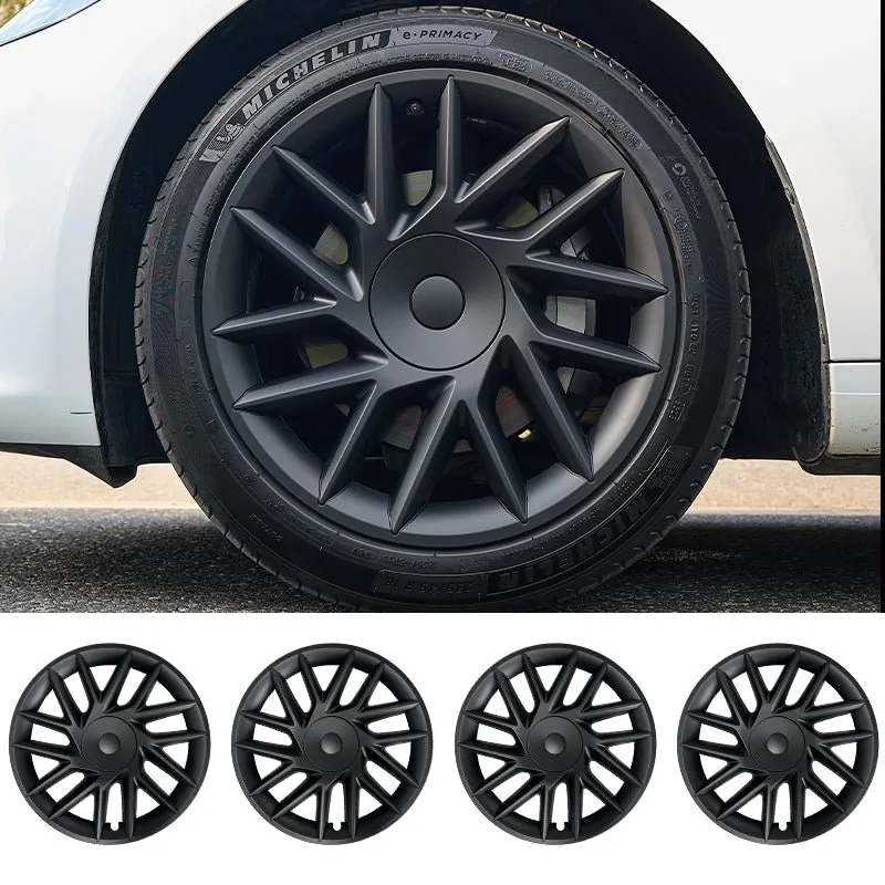 Tesstudio Center Caps 18'' Sporty Style Wheel Cover for Tesla Model 3 Highland showing aerodynamic black and silver design