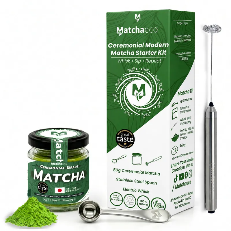 Matchaeco Modern Ceremonial Matcha Tea Starter Set with matcha jar, steel spoon and electric frother