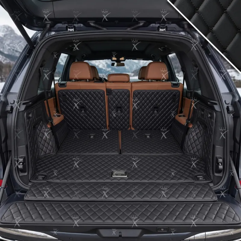 Luxus Car Mats Diamond 360Fit Trunk Mat showing black eco-leather with black stitching