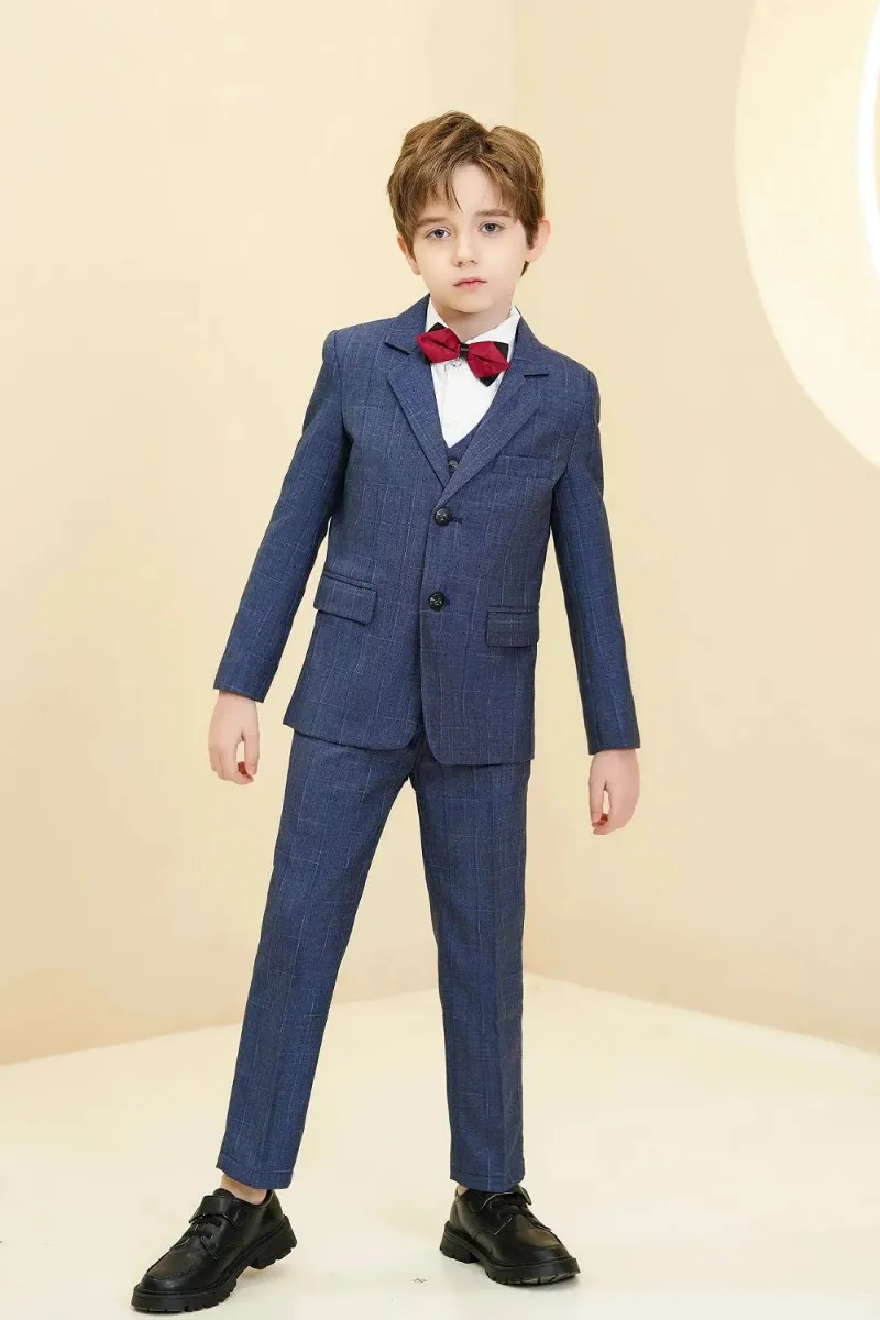 Wehilion Blue Plaid Elegant Formal 5 Piece Boys Suits, a slim-fit blue plaid outfit for weddings and ceremonies